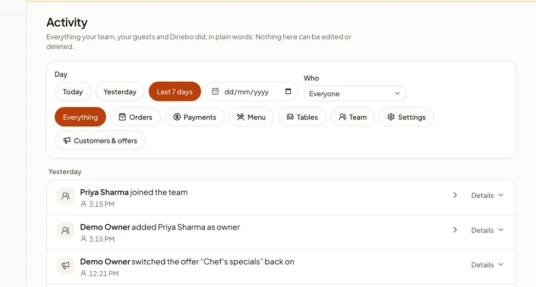 An activity log listing who changed what, and when, in plain words
