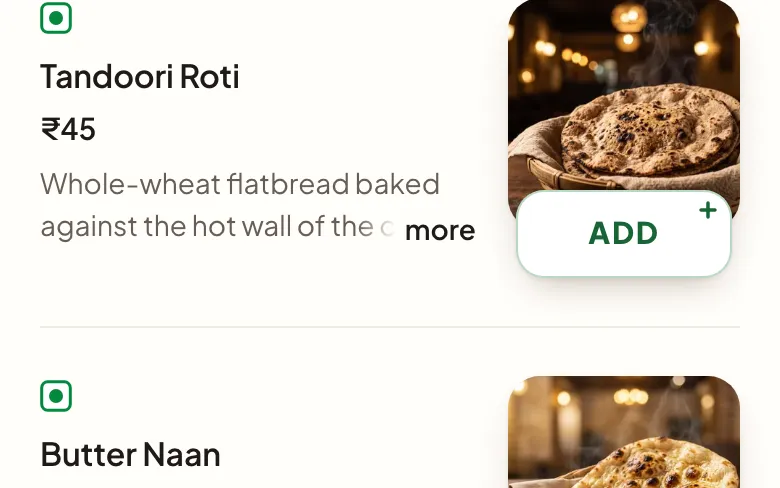 A menu on a phone showing dishes with photos, plain descriptions and prices