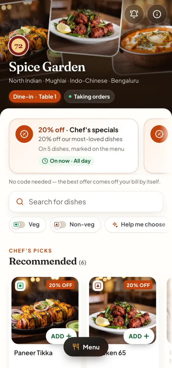 The Dinebo guest menu on a phone: dish photos, today’s offer and Help me choose