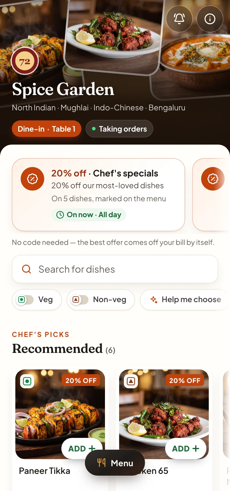 The Dinebo guest menu on a phone: dish photos, today's offer and Help me choose