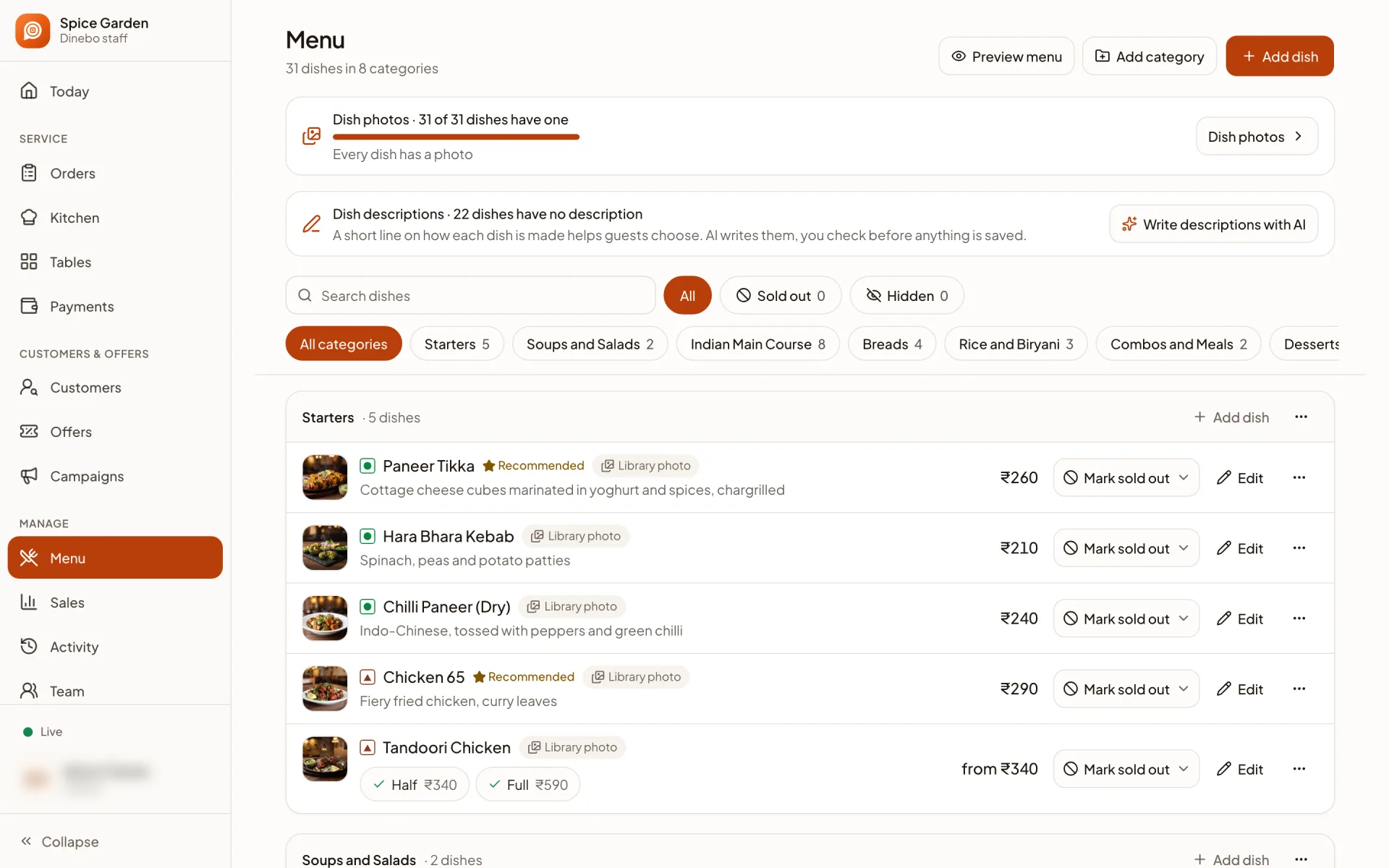 The Dinebo menu editor: every dish with its photo, price, Recommended tag and a Mark sold out button