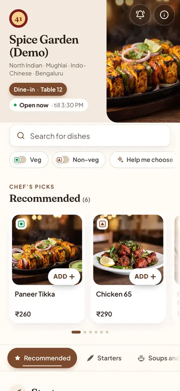 Café theme: the demo menu in Café style