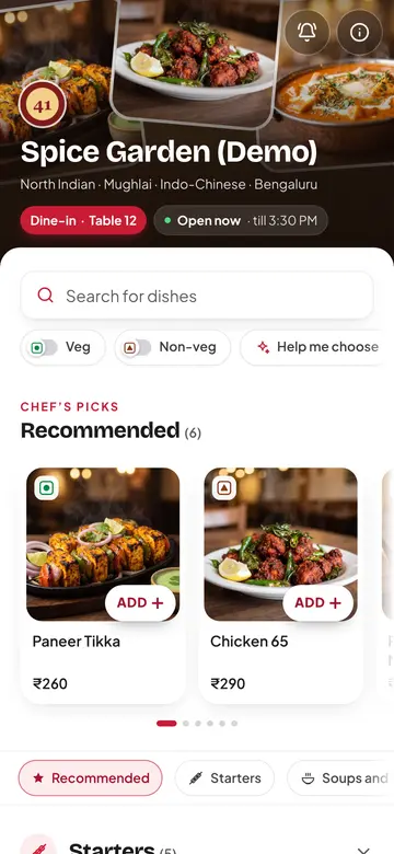 Tandoor theme: the demo menu in Tandoor style